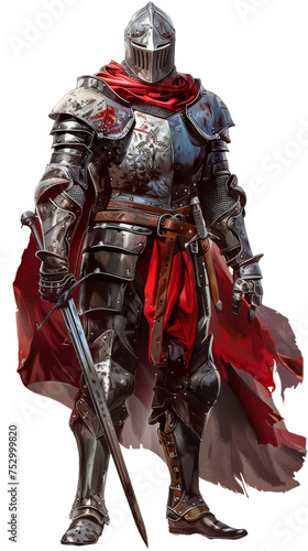 Medieval Knight in Shining Armor With a Red Cloak Standing Proudly - Transparent background, Cut out