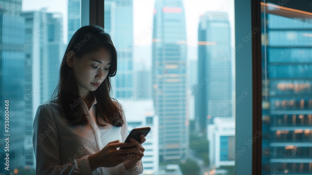 Young adult busy Asian business woman executive stands engaged in her work. She uses a mobile cell phone to leverage technology for her tasks. Young adult busy Asian business woman executive stands engaged in her work. She uses a mobile cell phone to leverage technology for her tasks.