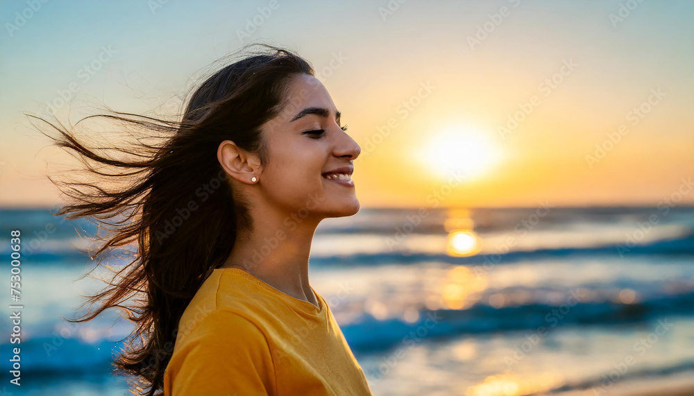 Serene Summer Beauty Attractive Young Female Enjoying the Beach at Sunset, Feeling the Freedom of the Ocean Breeze
