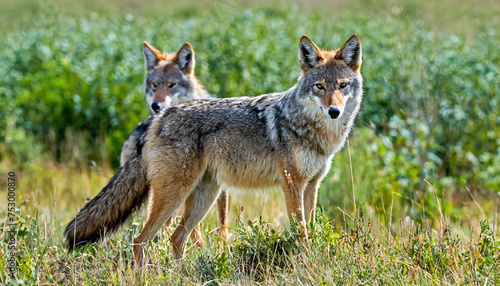 Wild coyotes standing in prairie grass in nature found throughout North America. They're known for their distinctive yipping and howling sounds photo