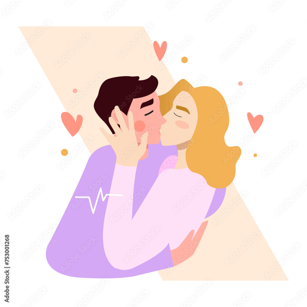 Happy Love Couple. Man and Woman Kissing. People in Romantic Relationship. World Kissing Day. Flat Vector Illustration. Happy Love Couple. Man and Woman Kissing. People in Romantic Relationship. World Kissing Day. Flat Vector Illustration.