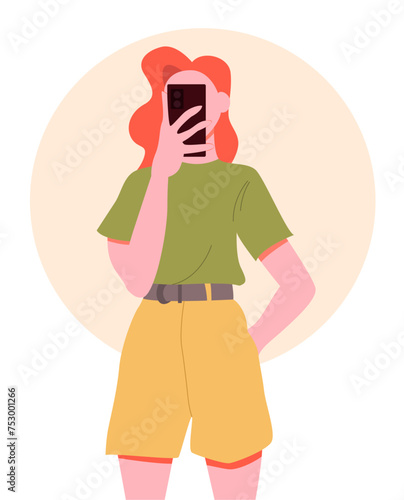 Modern Girl BloggerTakes a Photo of Herself on the Phone in Mirror. Flat Vector Illustration.