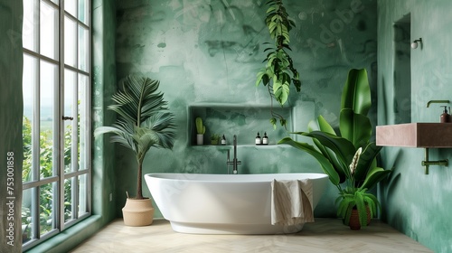 bathroom with green walls  large window and white washbasin. modern style