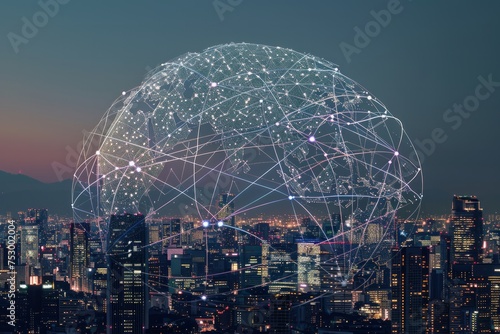 Digital composite image of a global network over a cityscape.