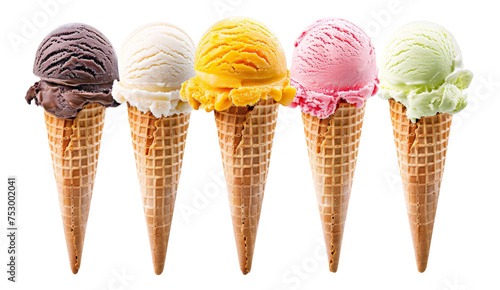 Assorted ice cream cones with multiple flavors on transparent background - stock png.