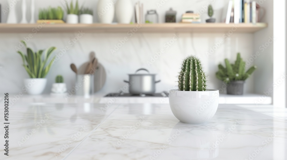 Empty Beautiful table top with cactus and blur bokeh modern kitchen interior background in clean and bright, Ready for product montage Empty Beautiful table top with cactus and blur bokeh modern kitchen interior background in clean and bright, Ready for product montage