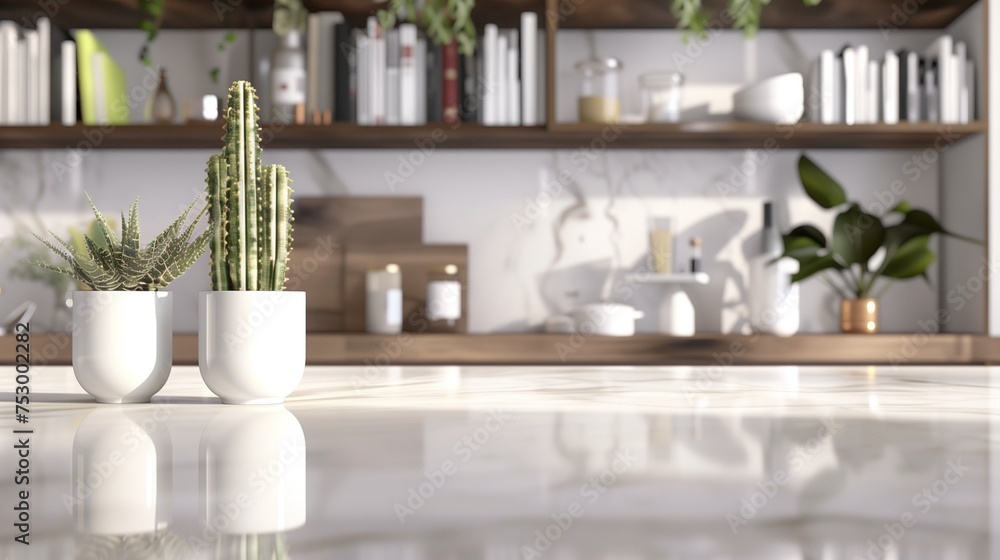 Empty Beautiful table top with cactus and blur bokeh modern kitchen interior background in clean and bright, Ready for product montage Empty Beautiful table top with cactus and blur bokeh modern kitchen interior background in clean and bright, Ready for product montage