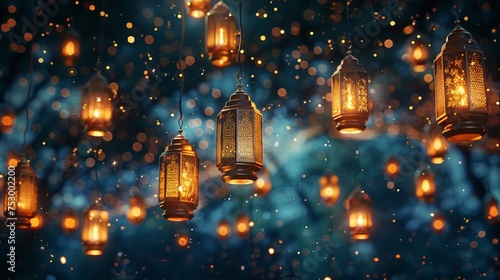 Abstract background with silhouettes of traditional Eid al-Fitr lanterns glowing against a dark backdrop. Festive banner with copy space. AI Generated