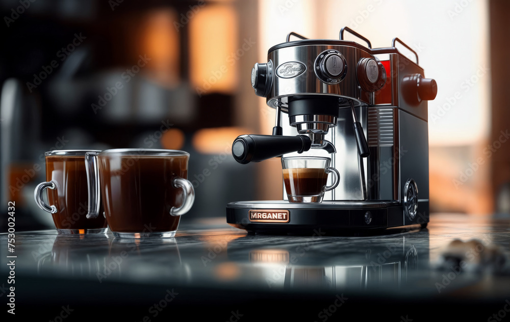 espresso machine and coffee maker in the kitchen created with Generative AI technology espresso machine and coffee maker in the kitchen created with Generative AI technology