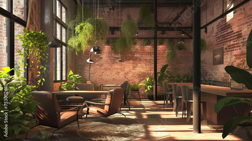 Collaborative workspace with a textured brick-red wall and hanging botanical installations.