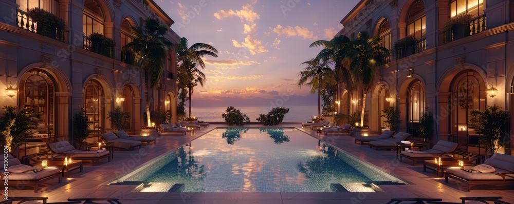 a courtyard with pools and lounge chairs lighting at dusk