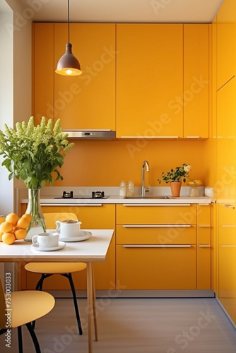 A cozy, compact kitchen with a bold, citrus-colored accent wall and minimalist furnishings.