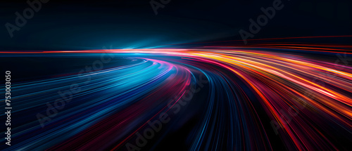 An abstract background featuring colored waves with a stream of red and blue neon lines against a dark backdrop. The image depicts abstract neon light streaks resembling high-speed light trails.
