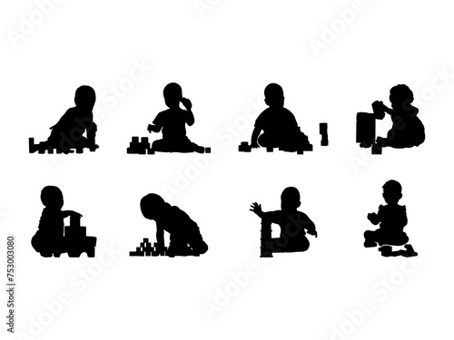 Set of toy block child Silhouette in various poses isolated on white background