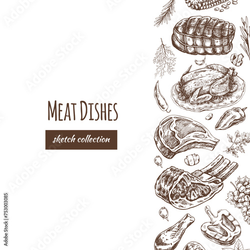 Meat and vegetables menu template in engraved vintage style. Hand-drawn sketches of barbecue meat pieces with herbs and seasonings. Background for meat restaurant...