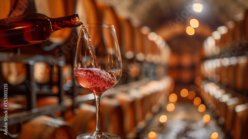 glass with red wine on the background of a wine cellar