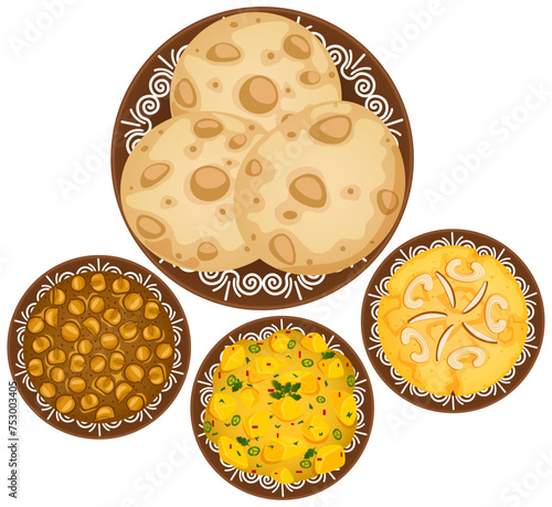 Halwa Puri Served in Traditional Mud Plates - Authentic Indian Breakfast Top View Illustration