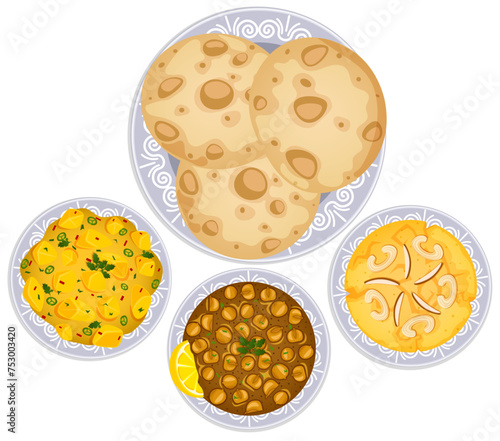 Halwa Puri with Puries, Chana Masala, Potato Curry and Suji Halwa - Indian Breakfast Top View Illustration 