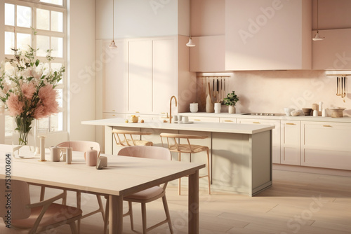 A cozy kitchen with a minimalist approach, featuring a serene combination of soft, warm neutrals and subtle hints of blush pink.