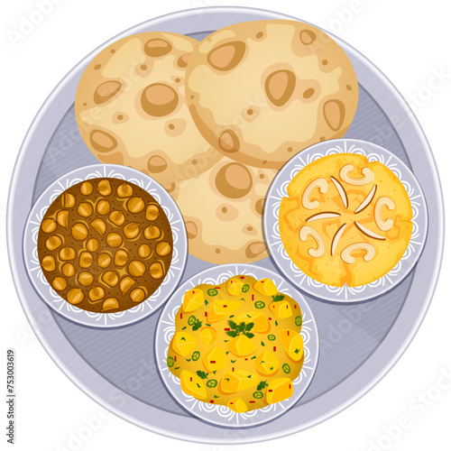 Halwa Puri with Chana Masala & Potato Curry - Indian Breakfast Thali Top View Illustration 