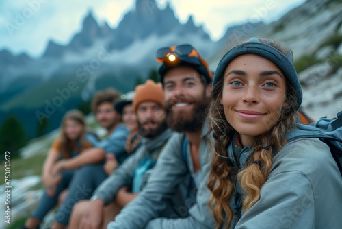 A group of tourists in the mountains in summer or autumn and look at the camera holding a camera or smartphone. Selfie shot of group of hikers in the mountain, active lifestyle, vacation concept © KatyaPulina