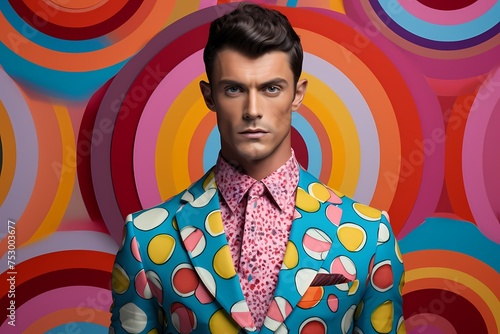 A handsome male model stands out in colorful attire against a seamless, solid-colored backdrop, his presence illuminating the frame with undeniable charm.