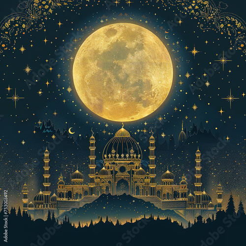 Artistic islamic background with painting style, classic style, painting mosque, moon and lanterns picture wall