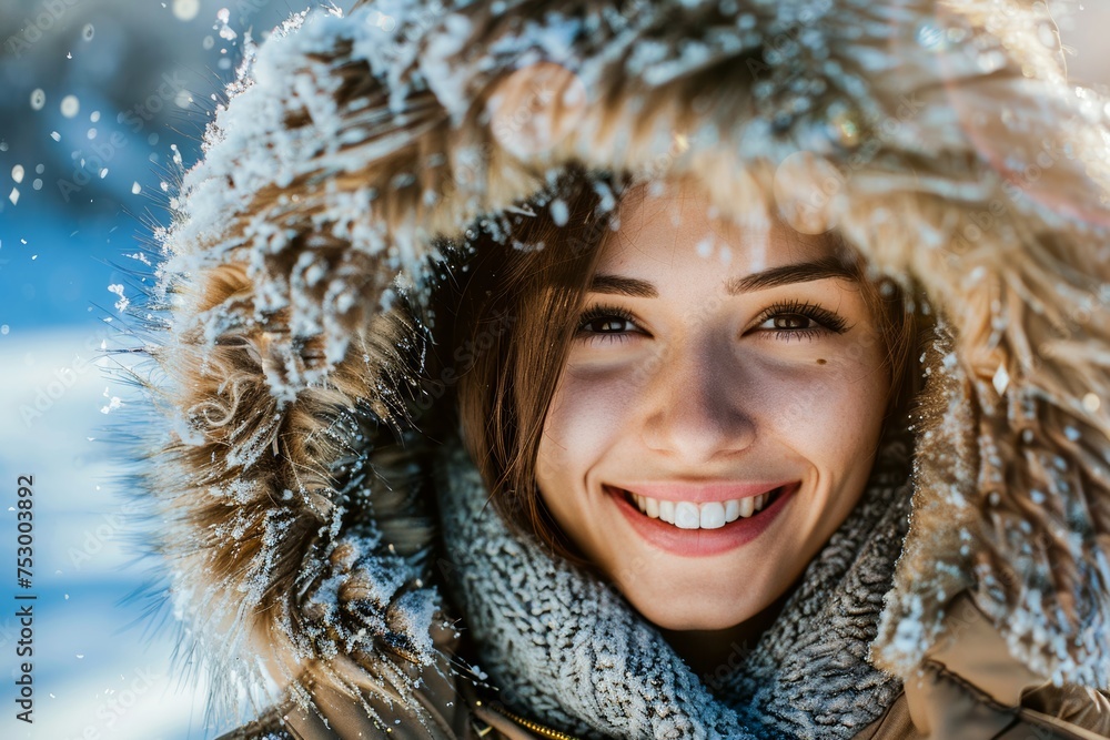 Joyful woman's face framed by a winter parka hood, covered with frost, in a snowy setting Joyful woman's face framed by a winter parka hood, covered with frost, in a snowy setting