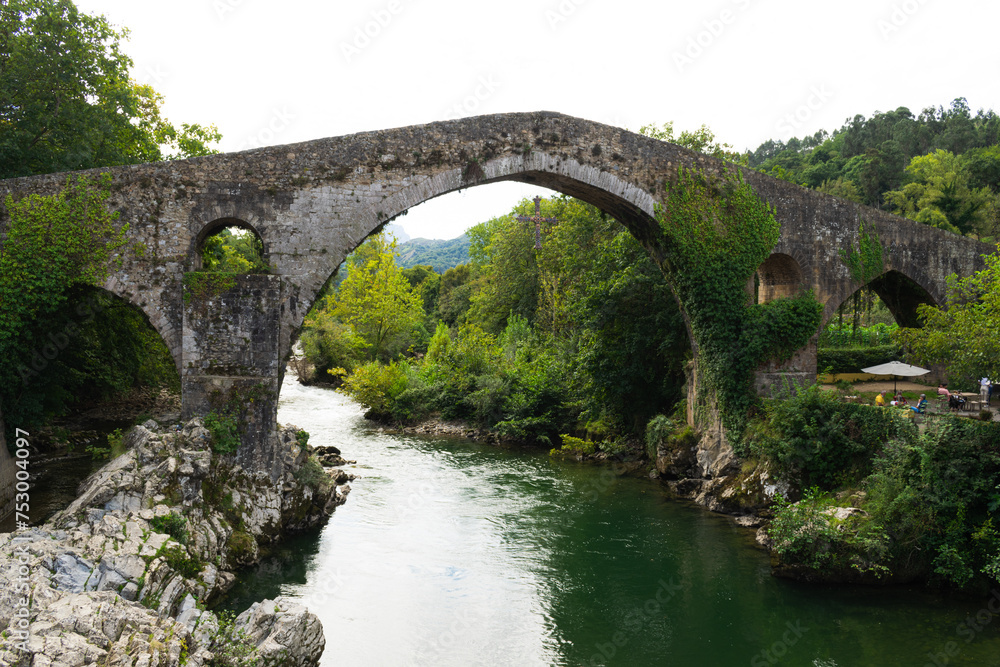 Beautiful view of the Roman bridge of Cangas de Onis. Asturias - Spain