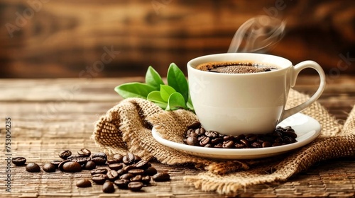A steaming cup of coffee on a saucer surrounded by scattered coffee beans against a rustic wood background