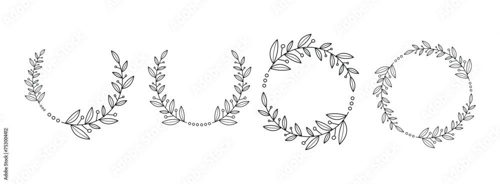  Elegant Hand drawn frames branch and leaves. Wreath. Elegant logo template. Vector illustration botanical decoration elements for labels, branding business identity save the date, logo 