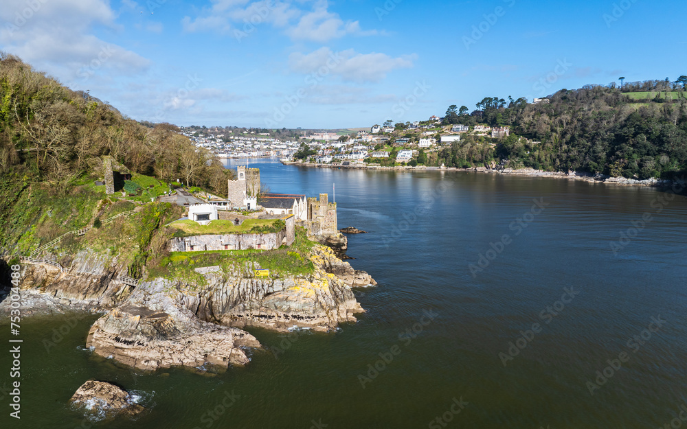 Dartmouth Castle over River Dart from a drone, Dartmouth, Kingswear, Devon, England