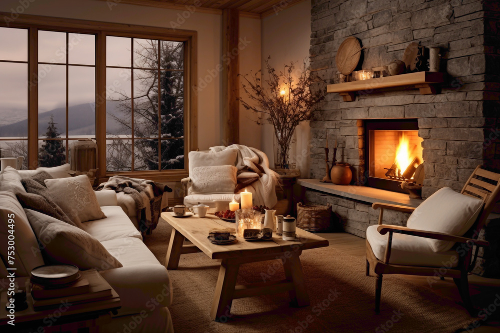 A cozy living room with a warm fireplace, adorned with light-colored furniture, natural materials, and subtle pops of color.