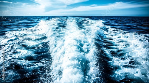 Crisp, vibrant shot of ocean wake with bright blue colors, capturing the motion of the sea photo