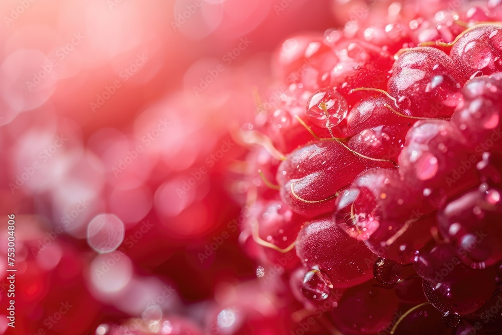 A detailed macro shot of a raspberry with tiny droplets of water A detailed macro shot of a raspberry with tiny droplets of water