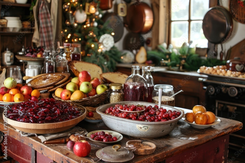 A festive scene of making fruit jams and preserves in a country kitchen