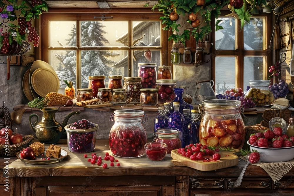 A festive scene of making fruit jams and preserves in a country kitchen