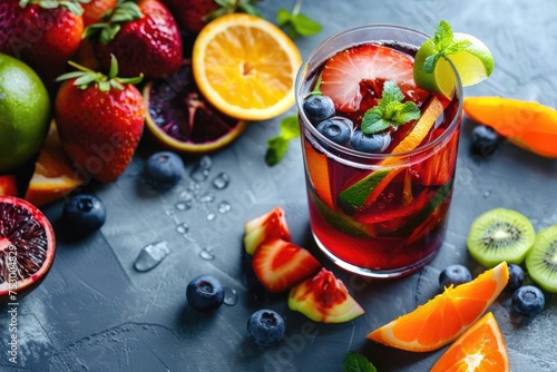 A glass of sangria surrounded by its fruit ingredients © AI Farm