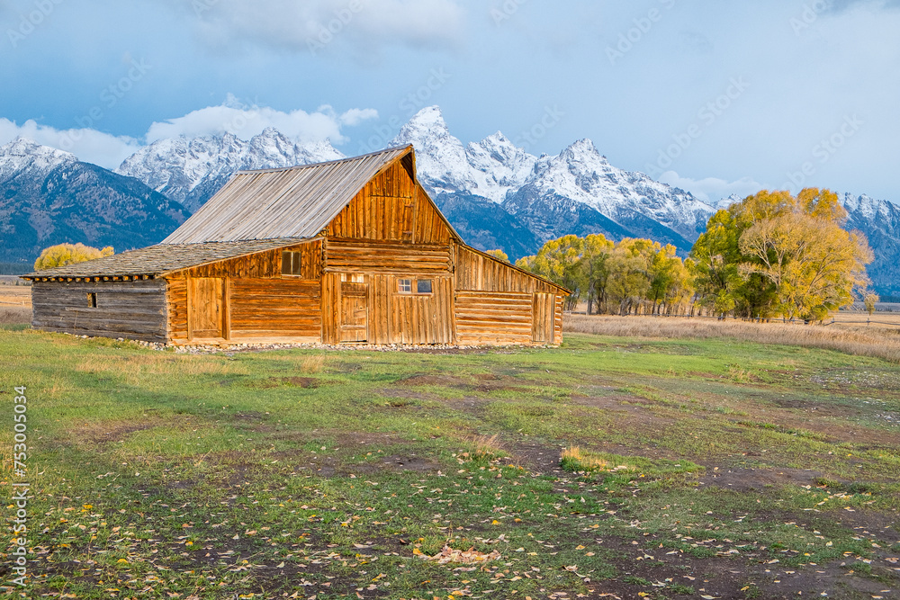 Teton Range and Mormon Row Historic District at Antelope Flats in Grand Teton National Park during sunrise in Wyoming