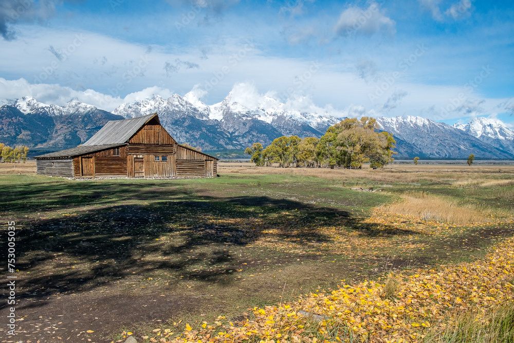 Teton Range and Mormon Row Historic District at Antelope Flats in Grand Teton National Park during autumn in Wyoming