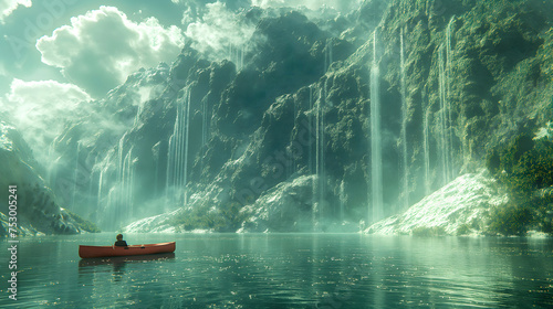 Fantasy landscape with a man in a boat and a waterfall. © Nut Cdev