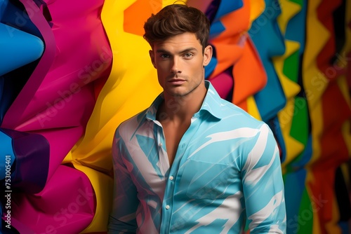 A handsome male model stands out in colorful attire against a seamless, solid-colored backdrop, his charismatic presence elevating the scene.
