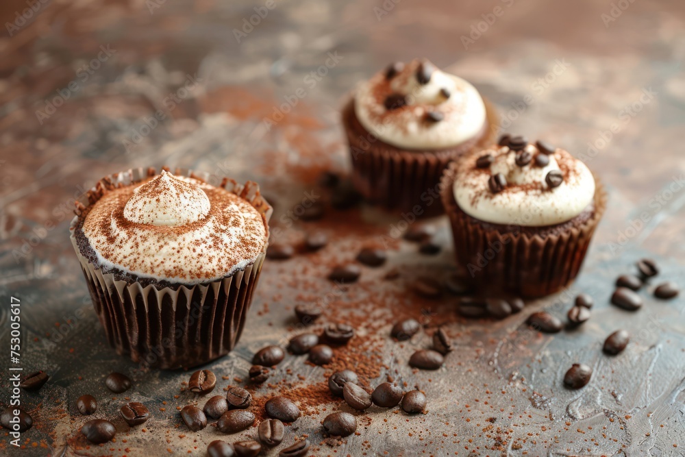 Chocolate and cocoa browny muffins with coffee cappuccino in cup top view on brown rustic stone background, sweet homemade dark chocolate cupcakes. Chocolate and cocoa browny muffins with coffee cappuccino in cup top view on brown rustic stone background, sweet homemade dark chocolate cupcakes.