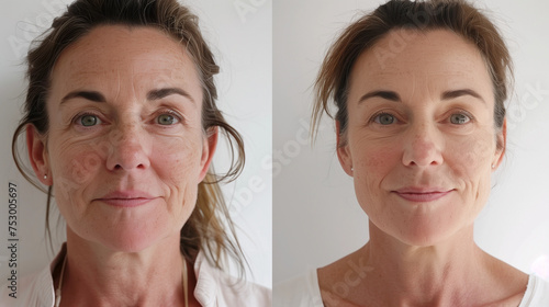 Before After anti aging face photo skin spa treatment older woman 40s 50s menopause wrinkles fine line saggy jowls afterwards smooth glowing younger firm microneedling rf therapy LED laser treatment photo