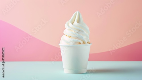 Creamy soft serve ice cream presented in a simple white cup on a bi-color background