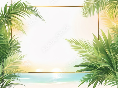 Tropical background with palm leaves and frame. Vector illustration.