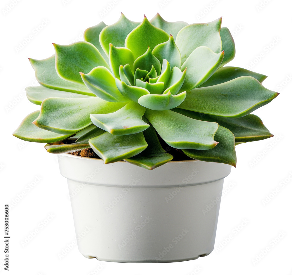 Lush green succulent in terracotta pot on transparent background - stock png. Lush green succulent in terracotta pot on transparent background - stock png.