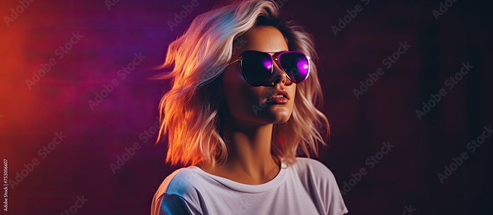 Naklejka premium Stylish Woman Admiring Scenic View Through Trendy Sunglasses on Sunny Day