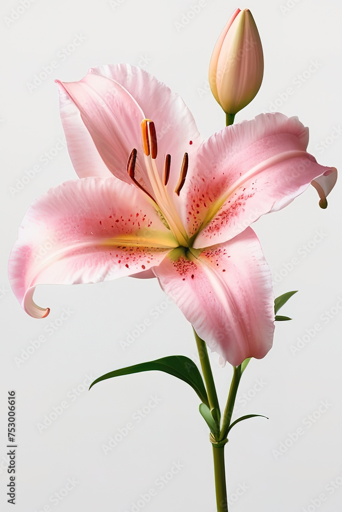 Beautiful pink lily on white background. Studio shot. Close-up.