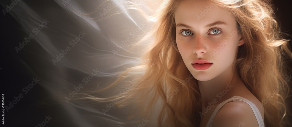 Serene Beauty: Woman with Ethereal Long Blonde Hair and Piercing Blue Eyes